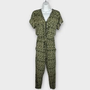 Corey Lynn Calter Short Sleeve Jumpsuit Size XS Green Tan Aztec Batik Summer‎